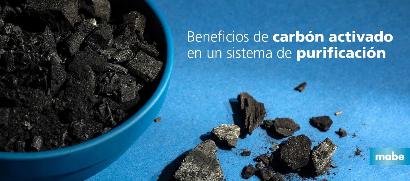 Trozos de carbón activado dentro y fuera de un recipiente azul, representando sus beneficios en la purificación del agua.