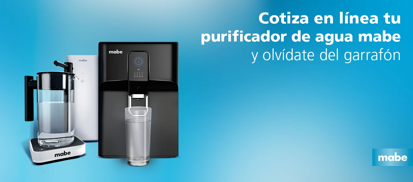 Purificadores de agua Mabe mostrados en conjunto sobre fondo azul, acompañados del texto “Cotiza en línea tu purificador de agua Mabe y olvídate del garrafón”.
