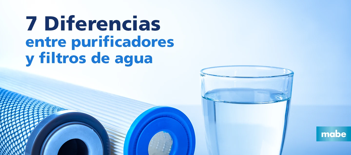 7 diferencias entre purificadores y filtros de agua, cartuchos de filtración junto a un vaso con agua potable para explicar cómo funciona un purificador de agua en casa.