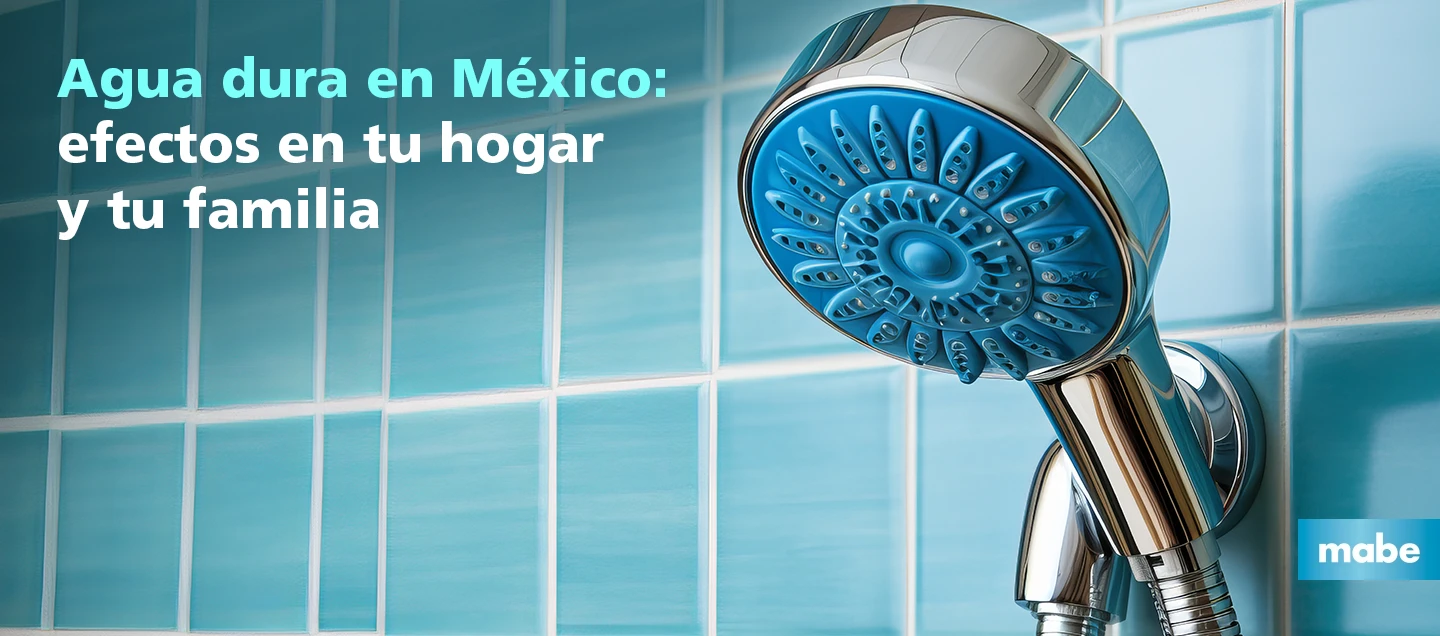 Regadera con acumulación de sarro por agua dura en México, mostrando los efectos de la dureza del agua en el hogar y la familia.