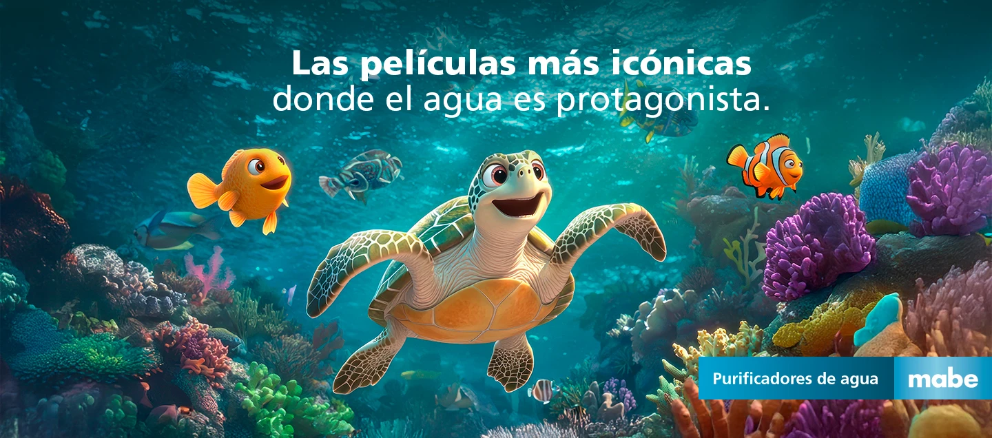 Escena submarina animada con tortuga y peces coloridos, acompañada del texto 'Las películas más icónicas donde el agua es protagonista'. Campaña de purificadores de agua mabe